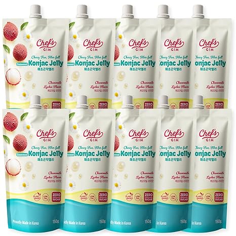 Chef's Gim Konjac Drink Jelly Set of 10 x 150 g Vegan Low Calory Sugar-Free &amp; High Fibre 3 Varieties: Peach Black Tea Chamomile Lychee Lavender/Apple Mango (Chamomile Lychee)