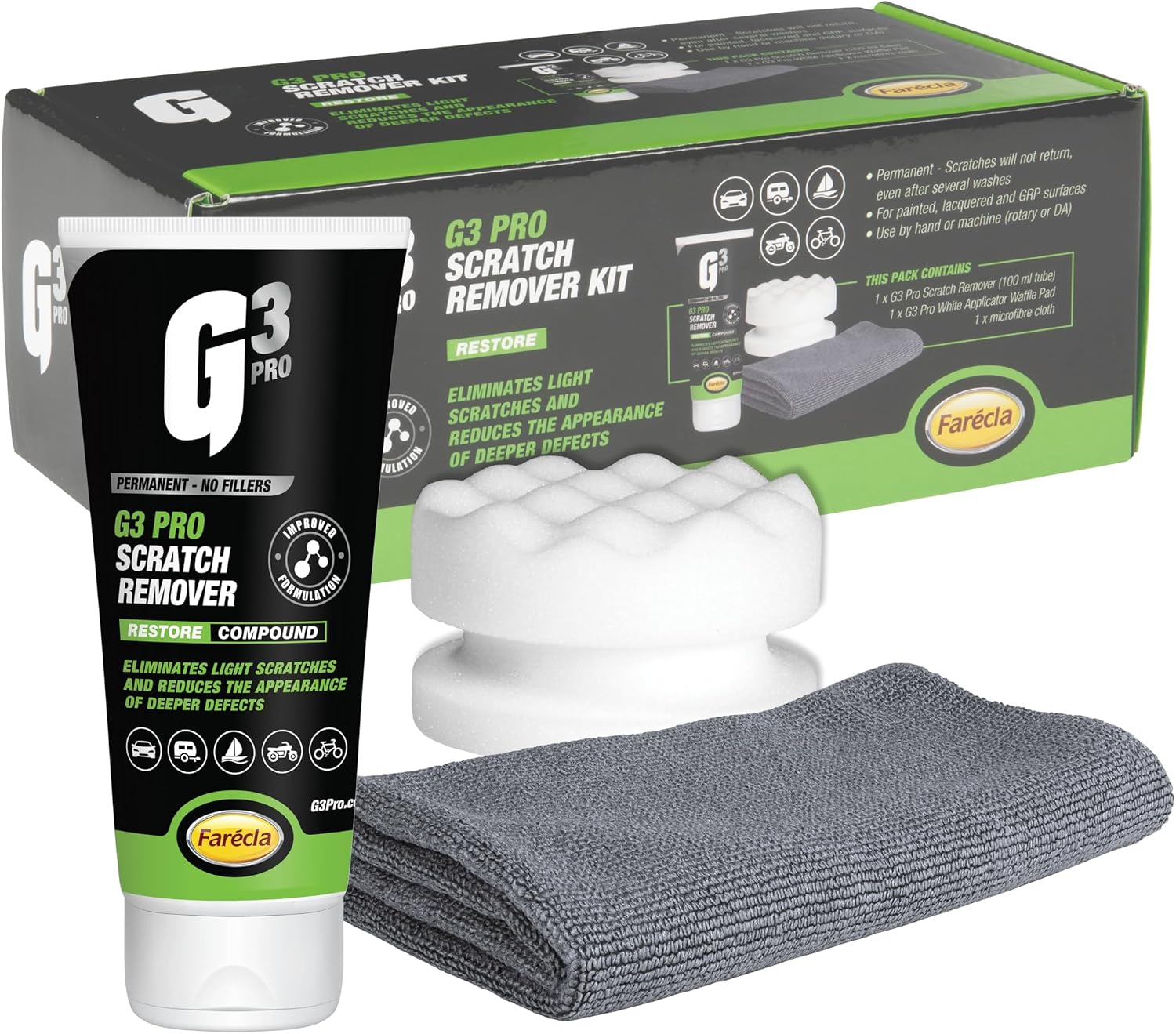 G3 Pro Scratch Remover Kit – Permanent Car Scratch and Scuff Removal | Easy Application, High Gloss Finish | Includes Applicator Pad & Microfibre Cloth | Silicone-Free, VOC-Free 7262