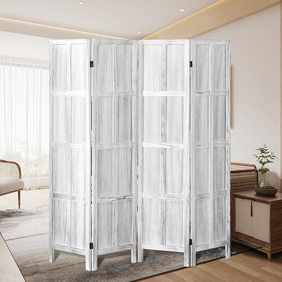 4 Panel Wooden Room Divider, 5.6 FT Tall Room Divider Wall, White