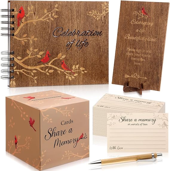 Engrowtic 64 Pcs Funeral Guest Book Set for Memorial Service Celebration of Life Wooden Guest Book in Loving Memory with 60 Share a Memory Card, Cards Box, Table Sign and Pen(Wood,Cardinal)