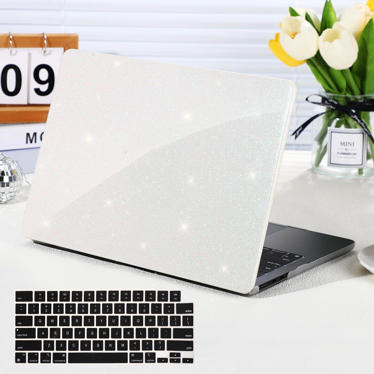 Funut Glitter MacBook Air 13インチ用ケース 2022 2021 2018年発売 M1 A2337 A2179 A1932、MacBook Air M1 ケース シャイニー スパークル ブリング PUレザー 保護ハードシェルカバー&キーボードカバー、ホワイト