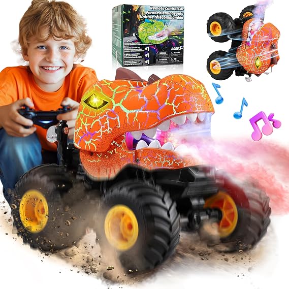BEZGAR Monster Truck Toys, 1:20 Remote Control Car with Spray, Light, Music | Orange Dinosaur Toys for Kids, 1:20 Scale RC Truck with 360 Spins and Drifting, Car Toys Gifts for Boys 4-7