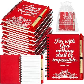 90 Pcs/30 Set Christian Gifts Bulk Prayer Journal Spiral Red Notebooks, Inspirational Notepad with Bible Verse Pen & Organza Bags, Perfect Religious Gifts for Women, Bible Study Groups, Church Members & Devotions
