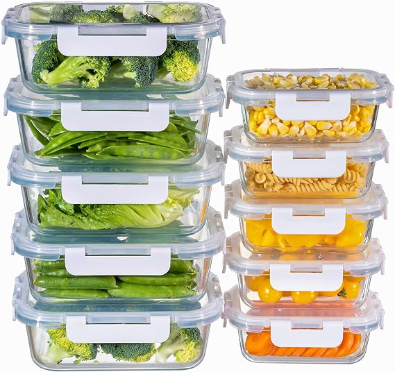 MFY Glass Containers with Lids, Reusable Meal Prep Containers, Airtight Glass Food Storage Containers with Lids, BPA-free, Microwave, Oven, Freezer and Dishwasher Safe, 10 Pcs 1040 & 400ml - White
