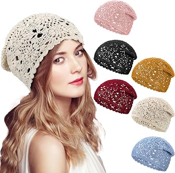 JenPen 6 Pcs Cotton Crochet Beanie for Women Slouchy Knit Crochet Hat Summer Winter Soft Comfortable Floral Skull Cap Daily