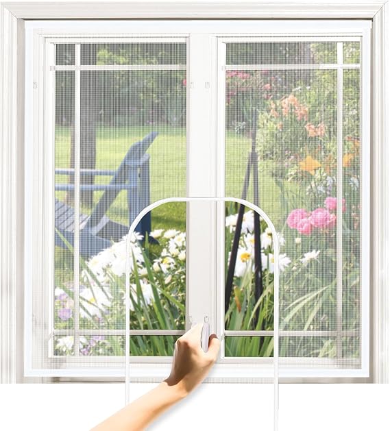 47'' x 47'' Adjustable Window Fly Screen, Fiberglass Mesh Mosquito Netting with Zipper Hook and Sticky Tape, Can Be Cut DIY Cat Proof Window Net for Summer Patio Keep Bugs Out