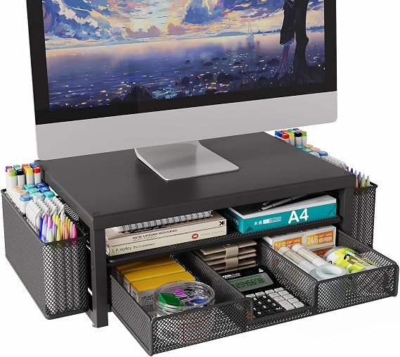 Metal Monitor Stand Riser with Drawer & 2 Pen Holders for Desk, Office Desk Accessories Organiser & Computer Screen Stand for Printer (Black)