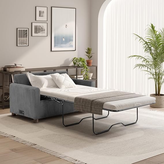 Serta Darnold 53.5" Pull-Out Sleeper Loveseat, Twin Size, Dreamcoil Comfort, Memory Foam Pull-Out Mattress, USB-C and USB-A Power Ports, Soft Corduroy Fabric, Grey