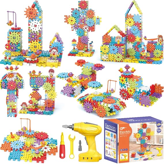 234Pcs Electric Montessori Building Blocks for Toddlers 3-5 4-8, Motorized Gear Construction Toy with Power Drill, STEM Educational Learning Set for Kids, DIY Moving Models, Birthday Gift for Boys