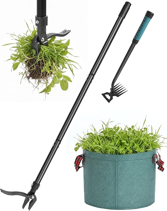 3-Piece Stand Up Weed Puller Tool Set, 114cm Detachable Long Handled Weed Remover, Includes 38cm Hand Rake & 50L Garden Waste Bag