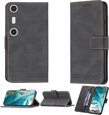 Case Compatible for XREAL Beam Pro Phone Case Cover [with Tempered Glass Screen Protector] Flip Stand Cover PU Leather BF09 Wallet Case Black