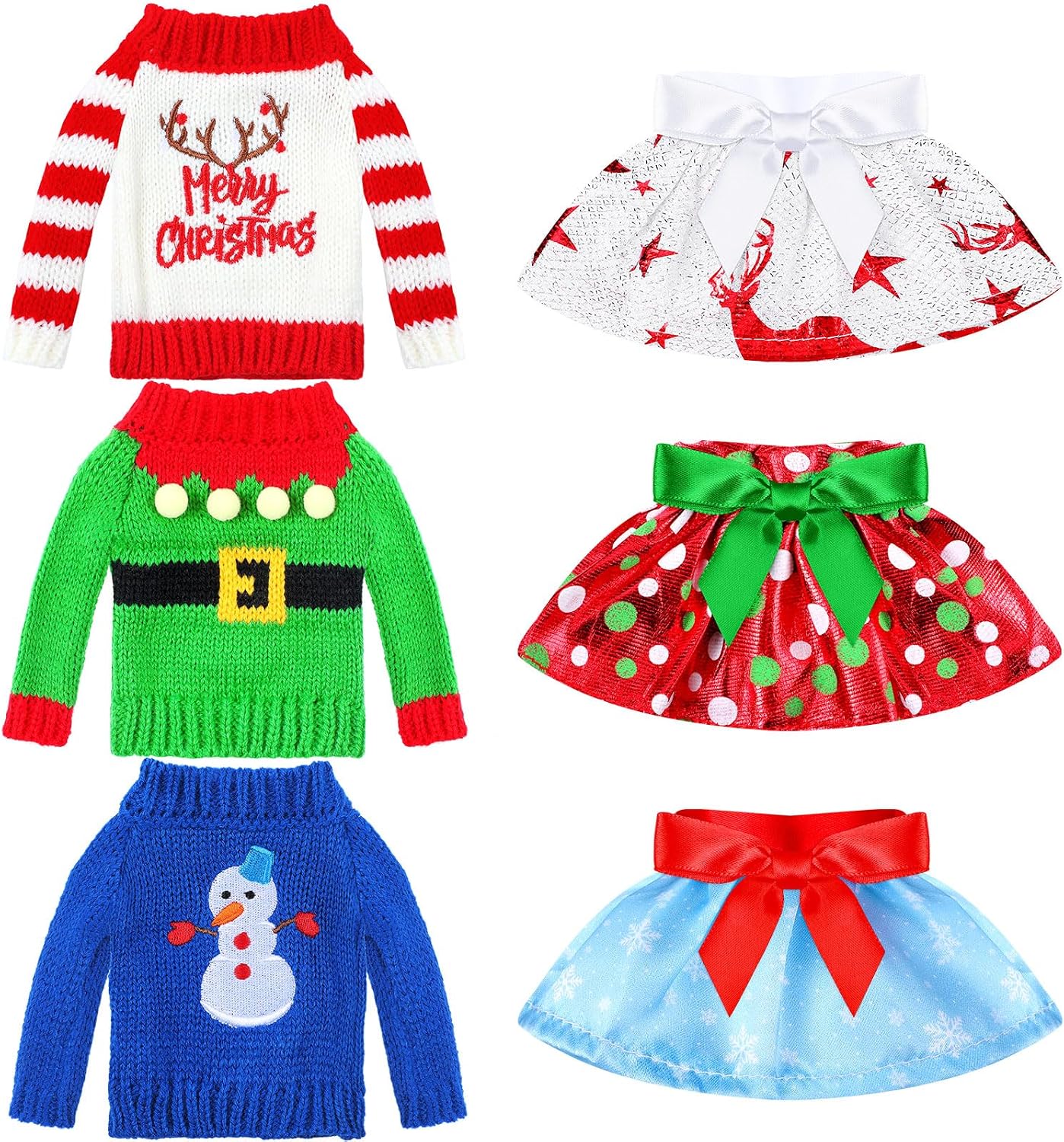 6 Pcs Christmas Elf Doll Clothes Sweater Skirt Elf Doll Accessories Outfit Knitted Santa Clothing for Doll Holiday Xmas, Doll is Not Included Package Cute