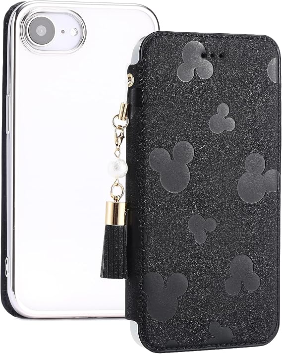 iPhone 16e Case, Notebook-type, Clear, Thin, Card Slots, Embossed, Mouse, Character, Simple, Stylish, iPhone 16e, Mobile Cover, Notebook Type, Cute, Stylish, Clear Back, Easy to Use,  with Pearl