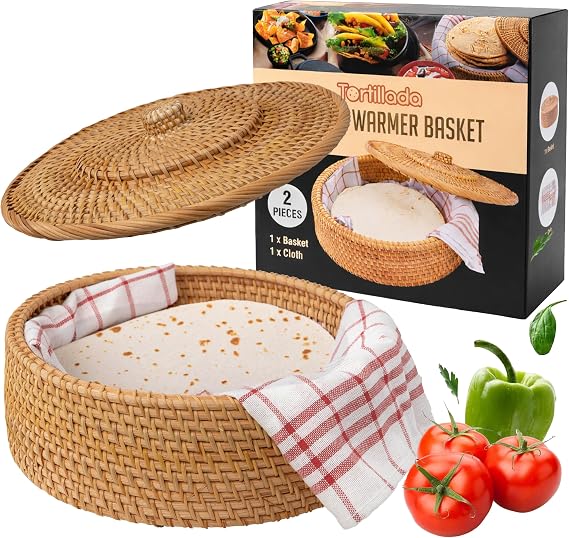 Tortilla Warmer 10 inch Rattan Handmade Bread Basket for Tortillas, Wraps and Flatbread Warming Basket incl. Cotton Cloth for Kitchen, Keeps Food Warm