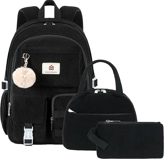 School Backpack with Lunchbox for Teens Girls Women 15.6 Inch Laptop College Backpacks with Lunch Bag Bookbag Set Corduroy Kids Elementary Middle High Bags Students Back Pack Daypack - Black Set