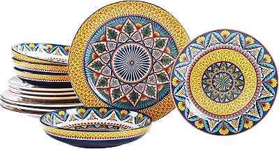 Bico Havana Ceramic 12 pcs Dinnerware Set, Service for 4, Inclusive of 11 inch Dinner Plates, 8.75 inch Salad Plates and 35oz Dinner Bowls, for Party, Microwave & Dishwasher Safe