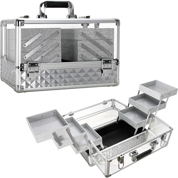 Ver Beauty Makeup Train Case 14 inch Armored Acrylic Large Portable Cosmetic Case 6 Trays Professional Storage Organizer Box for Make Up Artist Jewelry Nail Kits Crafts Display Brush Holder - Silver