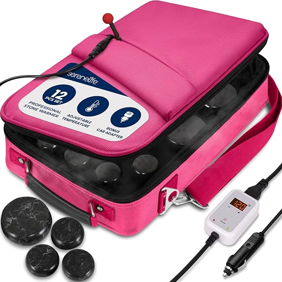 SereneLife Portable Massage Stone Warmer Set - Electric Spa Hot Stones Massager and Heater Kit with 6 Large and 6 Small Round Shaped Basalt Massaging Rocks, Digital Controller Heating Bag, Pink
