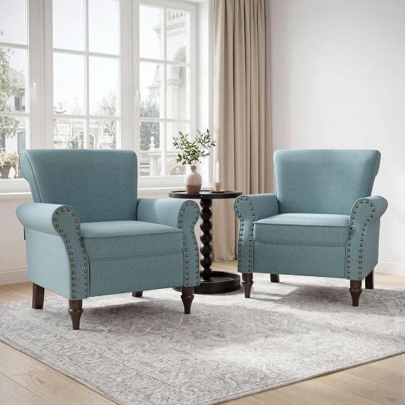 Wingback Accent Chairs Set of 2,Living Room Chair with Wood Legs,Light Blue