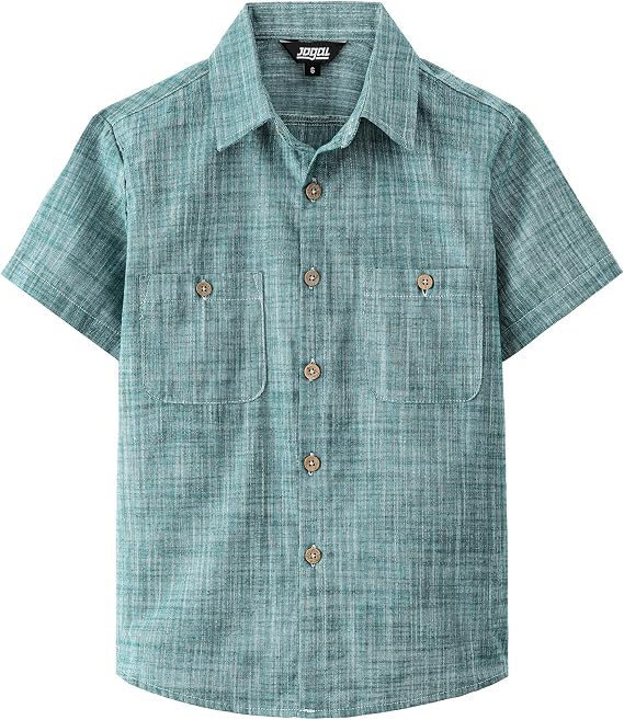 JOGAL Boys Chambray Shirts Short Sleeve Button Down Shirt for Kids