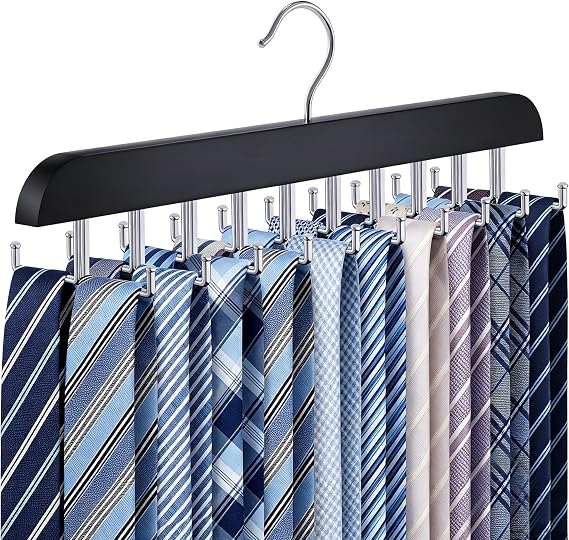 Tie Rack Hanger for Closet,1 Blet Organizer for Men with 20 Foldable Hooks | 360 Rotating Wooden Non Slip Neck Tie Holder,Large Capacity Space Saving Storage and Display Tank Tops Bras Scarf,Black
