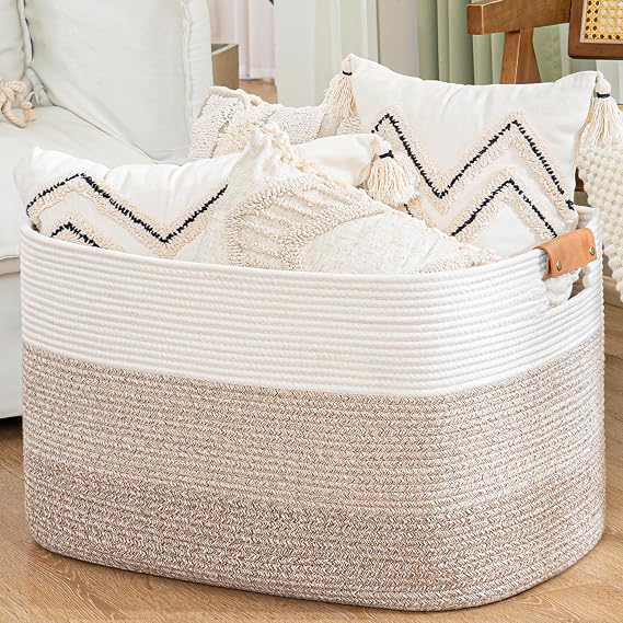 danpinera Rectangle Blanket Storage Basket, 50L Large Blanket Basket for Living Room, Nursery Nin for Toys, Large Woven Storage for Toy Organizing & Laundry, 18.11’’*14.17’’*11.81’’, Gradient Brown