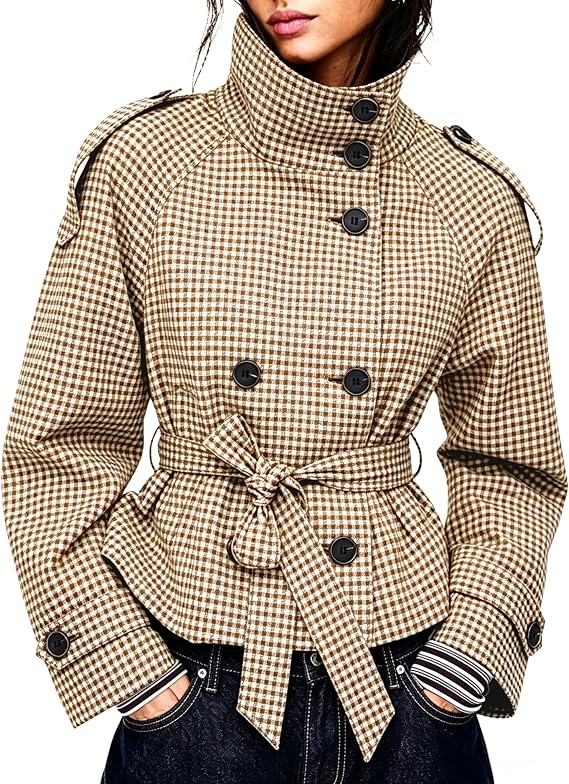 Women's Gingham Trench Coat Double Breasted Short Jacket