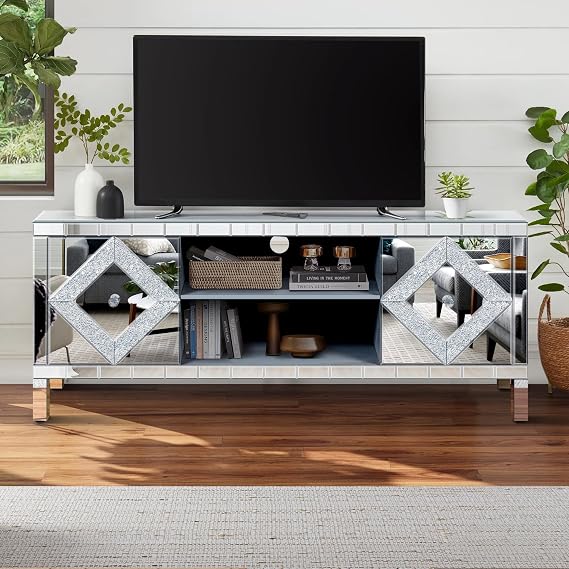 Mirrored TV Stand with Sparkling Diamonds Doors for TVs Up to 65 Inch, Modern Mirrored Glass TV Entertainment Center with Storage and Shelves for Living Room (Silver, 59''L x 15.7''W x 25''H)