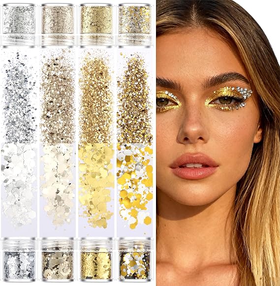GABOX 8-Jar Holographic Chunky Glitter Set for Cosmetic Nail Resin Handmade | Gold Silver, Iridescent Art Glitter for Body Face Eyes Hair & Craft, Fine Powder + 1mm + 2mm + 3mm Sequins Flakes Set