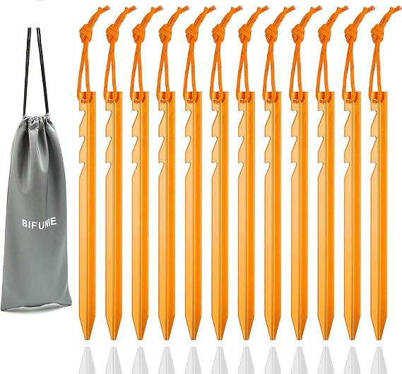 Aluminum Alloy Tent Stakes Pegs, 12-Pack Aluminum Ground Pegs with Reflective Pull Ropes, Lightweight Metal Stakes Pegs for Camping Tents Hammocks