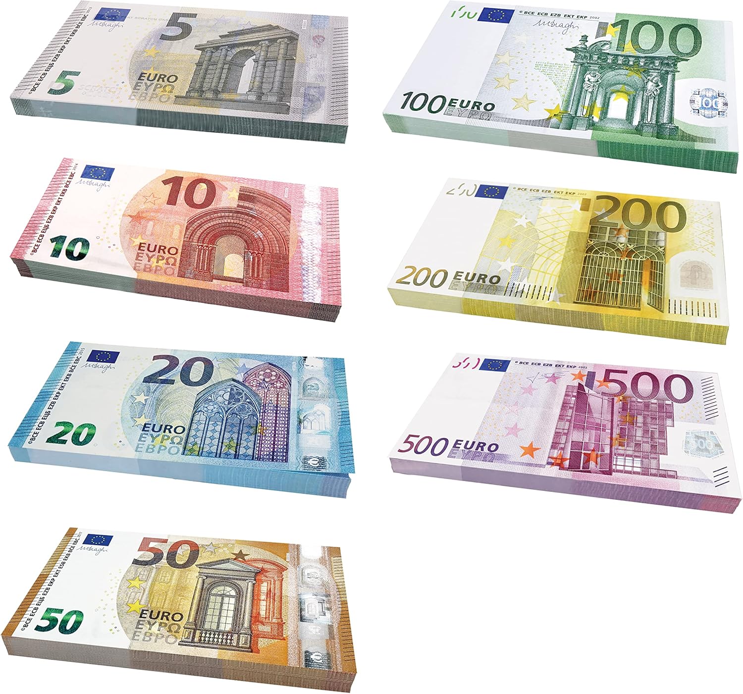 Scratch Cash Bundle Money to Play Size Increased to 125% Compared to The Real Ones 175 Banknotes - 7 Stacks of Euro 25 x € 5, 10, 20, 50, 100, 200 and 500