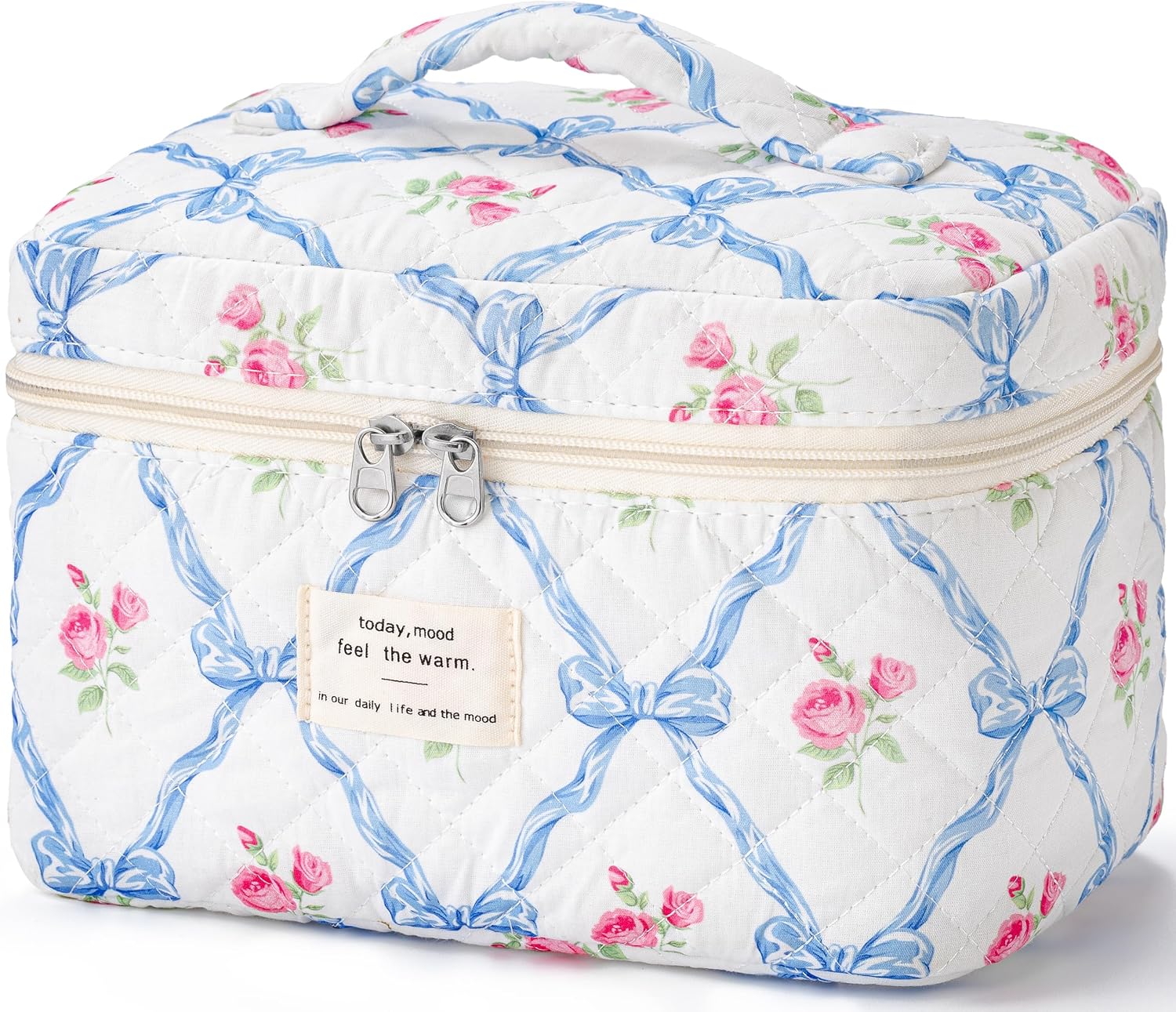 HBselect Quilted Makeup Bag, Portable Cotton Large Travel Makeup Bag, Cute Coquette Blue Floral Cosmetic Bags Toiletry Bags for Women Teen Girls Mom