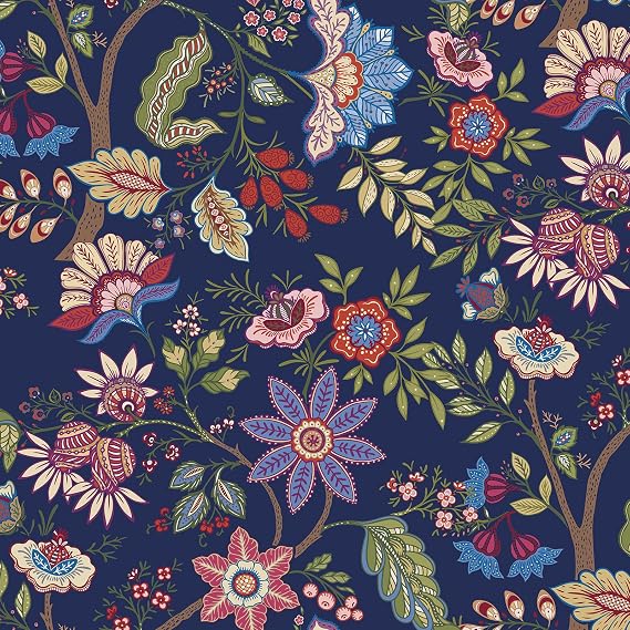 VaryPaper 17.7"x78.7" Exotic Blue Floral Peel and Stick Wallpaper Boho Floral Contact Paper for Walls Removable Self Adhesive Cute Flower Tree Wallpaper Mural for Nursery Kids Bedroom Bathroom Cabinet