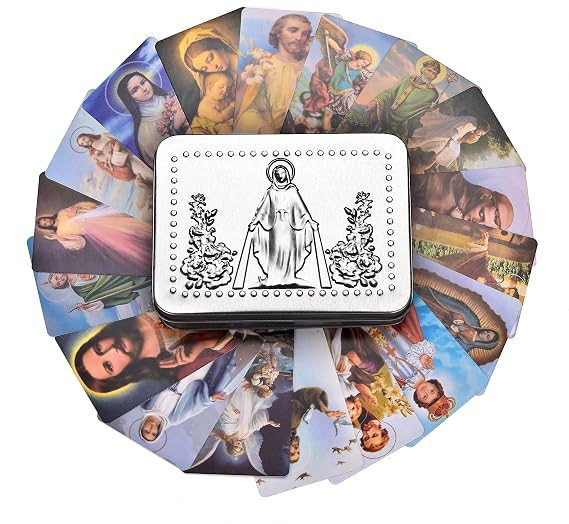 Catholic Holy Card Prayer Cards with Metal Box, Catholic Gifts, Assorted Holy Cards with Catholic Saints and Prayers - 144Pcs