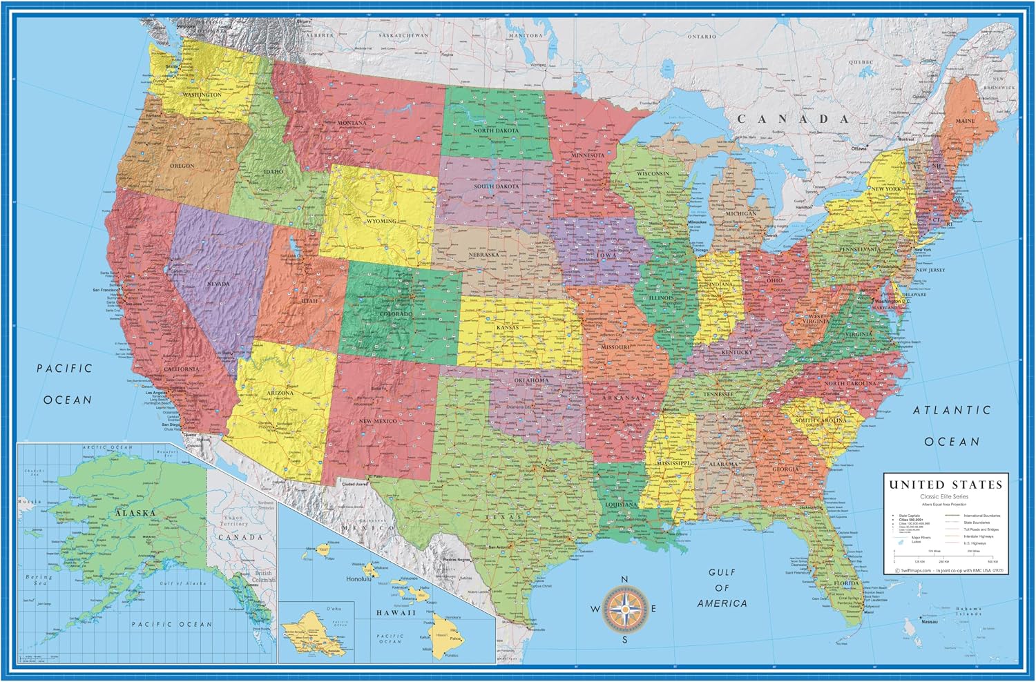 Swiftmaps 24x36 United States Classic Premier Blue Oceans 3D Wall Map Poster, Laminated Edition