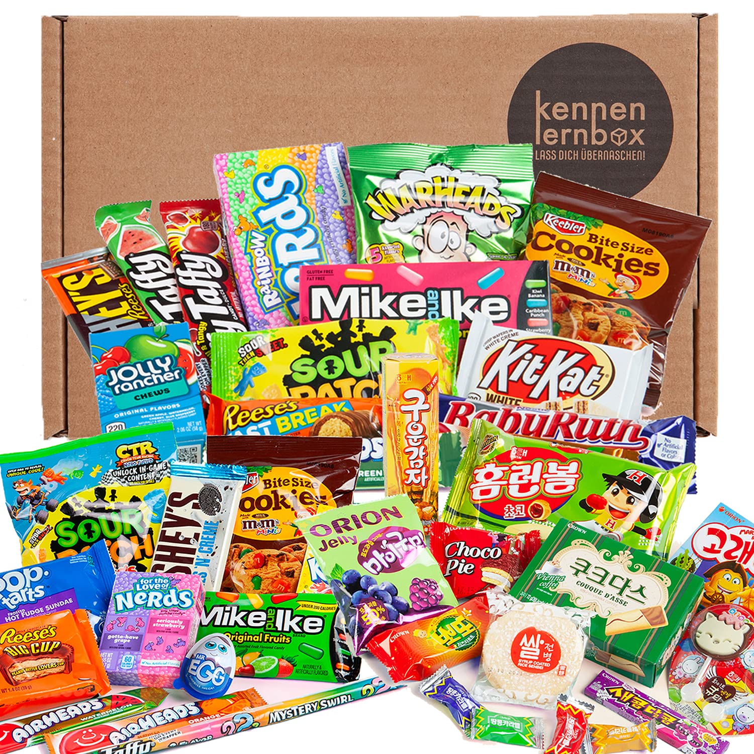 Kennenlernbox Giant Box of 40 Popular Sweets from USA and Korea Gift Idea for Special Occasions such as Birthdays