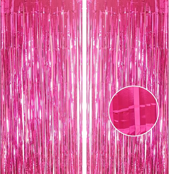 2pcs 3.2 x 8.3ft Glitter Hot Pink Tinsel Curtain Streamers Door Fringe Foil Curtain Backdrop Birthday Party Decorations for Girls Women Hen Do Engagement Graduation Party Decor Banner Magenta