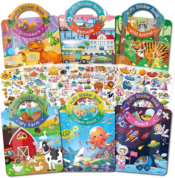 Elfew 6 Pack Reusable Sticker Book for Toddlers 2 3 4 Years | Reusable, 3D Puffy Stickers for Children, Toys for Age 3 4 5 Year Old Kids Boys Girls, Birthday Gifts, Educational Toys