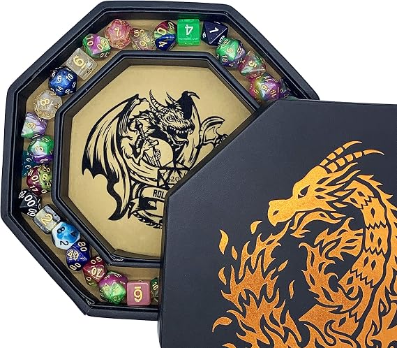 Fantasydice- Fire Dragon - Dice Tray - 20CM Octagon with Lid and Dice Staging Area- Holds 5 Sets of Dice(7 / Standard) For All Tabletop RPGs Like D&D, Call of Cthulhu, Shadowrun. (Chromatic)