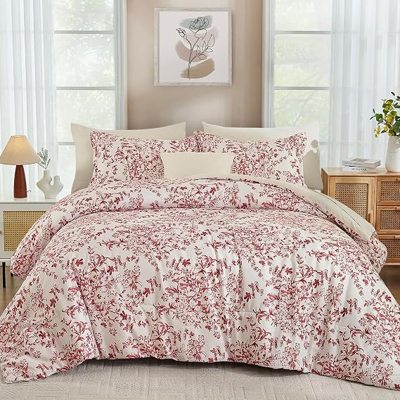 8 Pieces Floral Comforter Set Queen Size Red Bed in a Bag Bedding Set