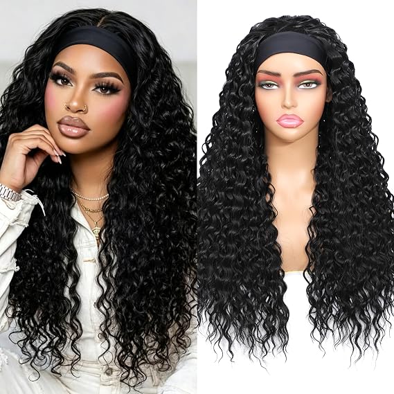 Headband Wig Water Wave Glueless None Lace Front Curly Synthetic Wig Wear and Go Wigs for Black Women 180% Density Machine Made Headband Half Wigs 24 Inch(1B)