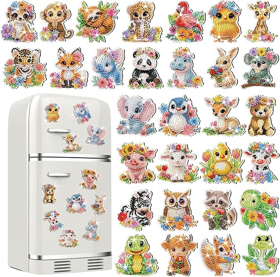 Xuhal 30 Pcs Animal Diamond Painting Magnets Diamond Art Kits for Adults | Flower Animal Refrigerator Magnets, 5D Rhinestone Magnetic Sticker, Small DIY Crafts, Fridge Magnet, Diamond Club Gifts