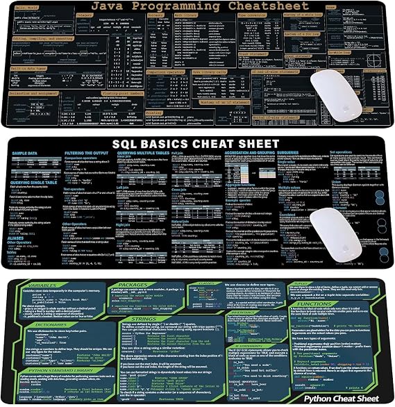 Combo 3 Coding Language Cheat Sheet Mousepad Set Python, Java & SQL Programming Desk Mats, Quick Key, Large Anti-Slip Keyboard Pad Mouse Mat