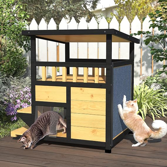 TIMHAKA Cat House Weatherproof, Wooden Two Story Feral Cat Shelter, Yellow | Indoor/Outdoor Enclosure for Small Medium Pets with Escape Door, Pull Out Bottom & Scratching Mat