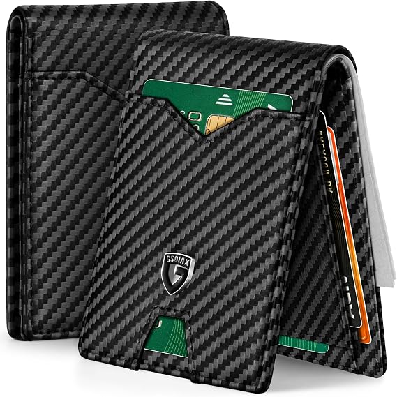 GSOIAX Slim Wallet for Men Rfid Blocking Leather Bifold Front Pocket Carbon Fiber Men's Money Clips Credit Card Holder With Gift Box
