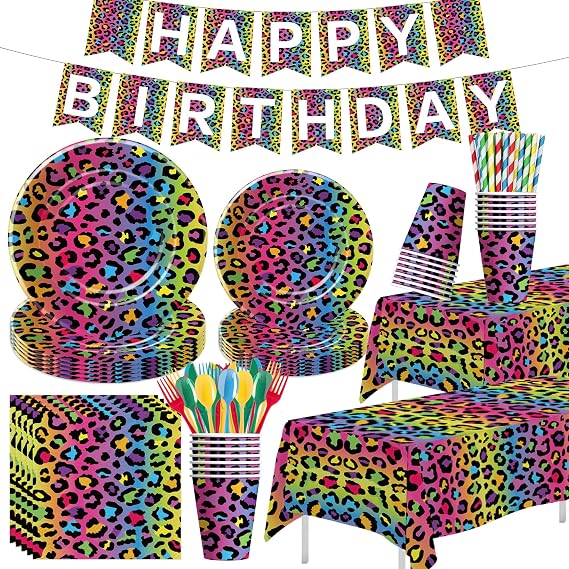 Leopard Party Decorations, Cheetah Print Birthday Party Supplies | 195Pcs Iridescent Rainbow Leopard Birthday Decorations, Paper Plate, Napkin, Cup, Banner, Tablecloth, Cutlery, Serves 24