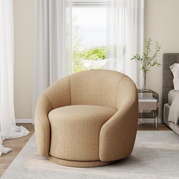 Swivel Barrel Accent Chair, Light Brown, Set of 1 | 360 Small Round Sofa Chair, Comfy Modern Reading Armchair for Living Room Bedroom