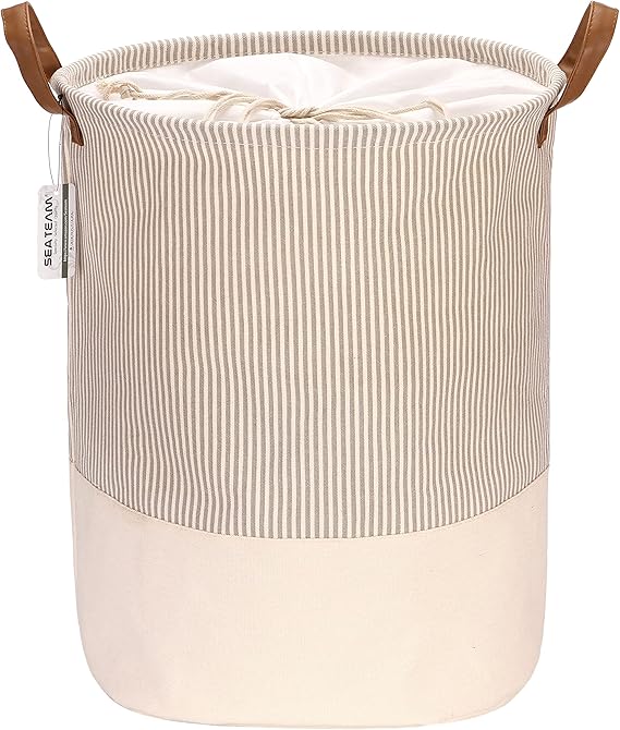 Sea Team Striped Laundry Hamper Canvas Basket with Leather Handles Grey