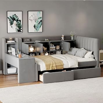 KLMM Modern Twin Size Upholstered Daybed with Drawers and Shelves, Flip Cabinets and Side Table,for Living Room Bedroom Use (Gray#Drawers, Twin)