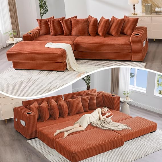 Sleeper Sofa Bed King, Corduroy Modular L Shaped Sofa, Oversized Reversible Chaise Lounge, Modern Sectional Couch with Ottoman, Cup Holder, Side Pocket, 8 Pillows, for Living Room, Orange